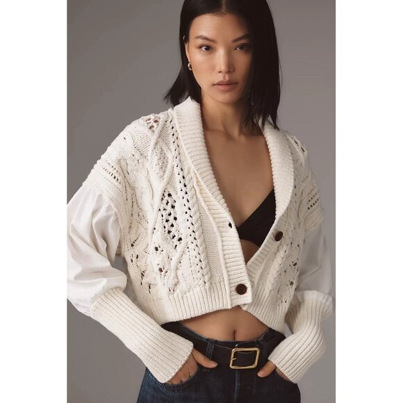 NWT Size L - Anthropologie Balloon-Sleeve Twofer Cable-Knit Cardigan Sweater - Picture 2 of 16